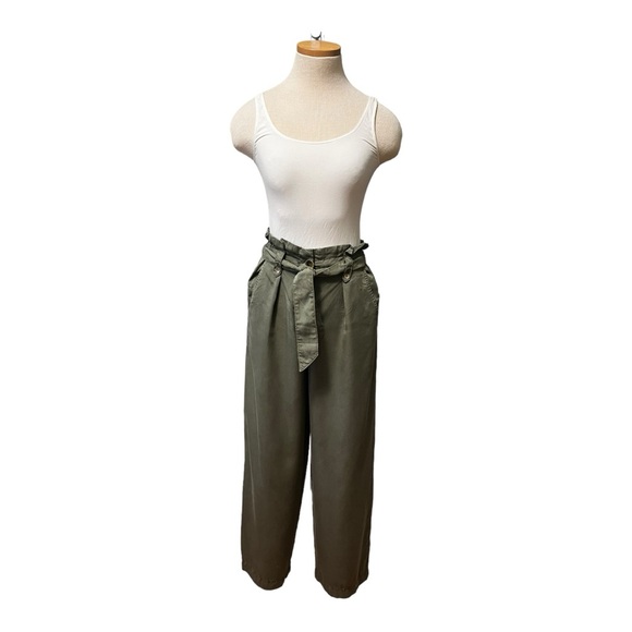 Zara Paper Bag Belt Tie Pants, Army Green, size XS - Picture 2 of 13